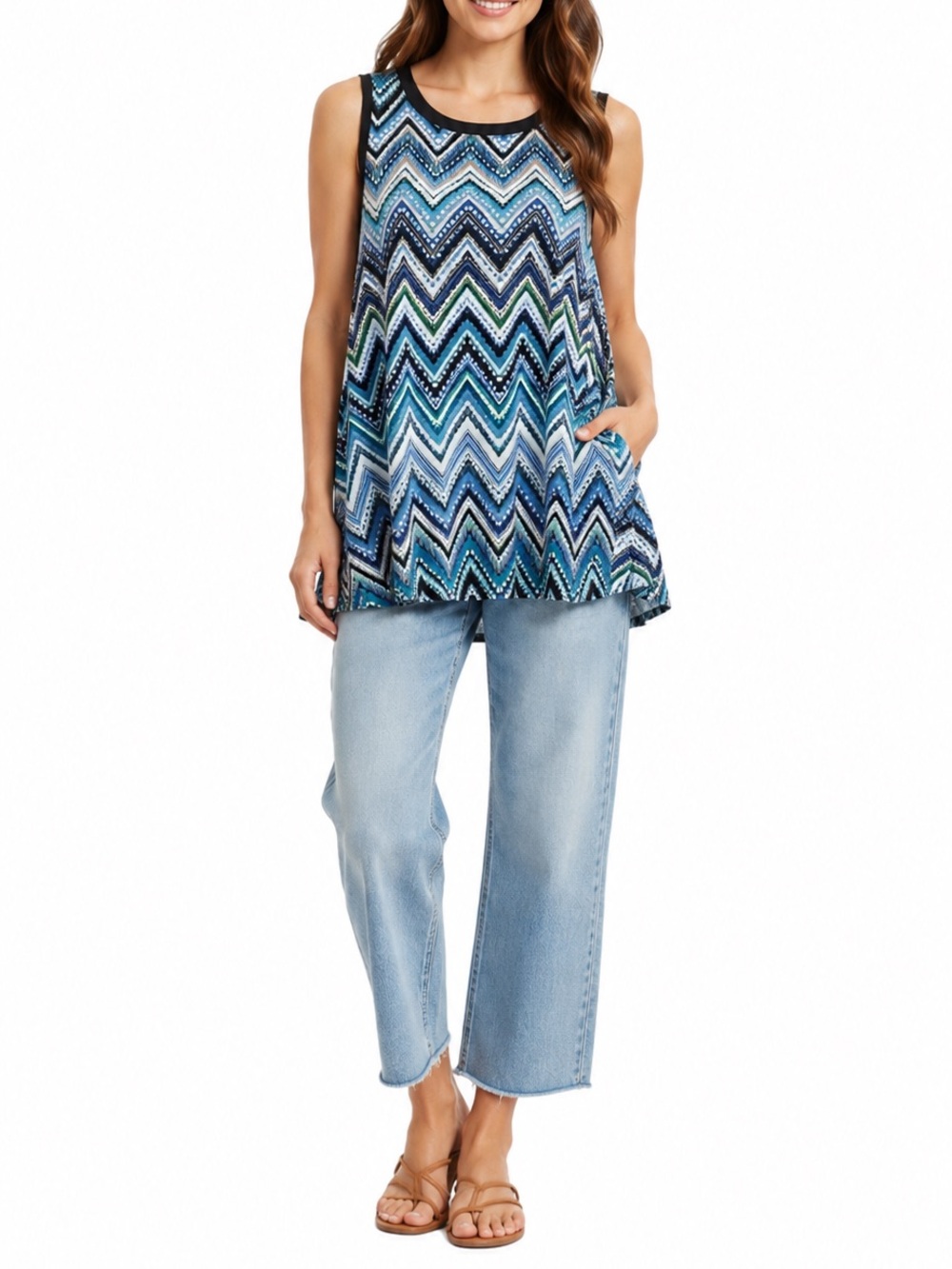 Nordstrom Size Large Blue Printed Casual Tank Top